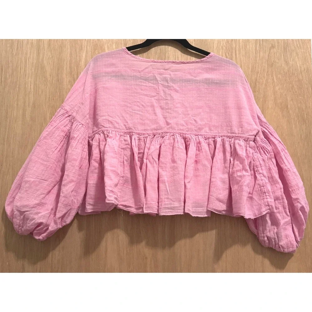 Free People Beaumont Mews Blouse Pink Size XS Balloon Sleeve Boho OB843137